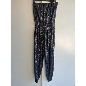 Bebe Strapless Sequin Jumpsuit Sz S Showstopper Sparkle Core Party Ready